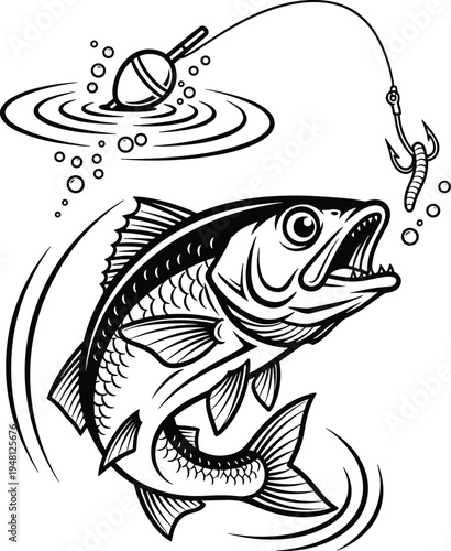 Fish chasing bait hook, underwater bubbles, dynamic fishing scene, bobber ripples, temptation concept art, black white illustration, surreal aquatic design