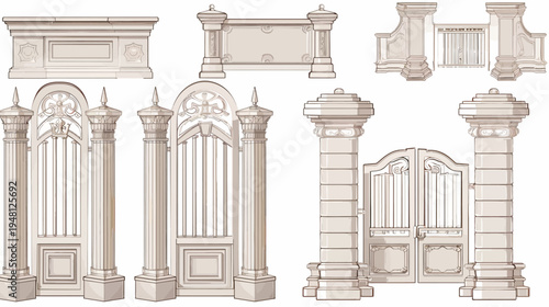Illustration of architectural elements, gates, pillars, and decorative structures, various shapes, and forms