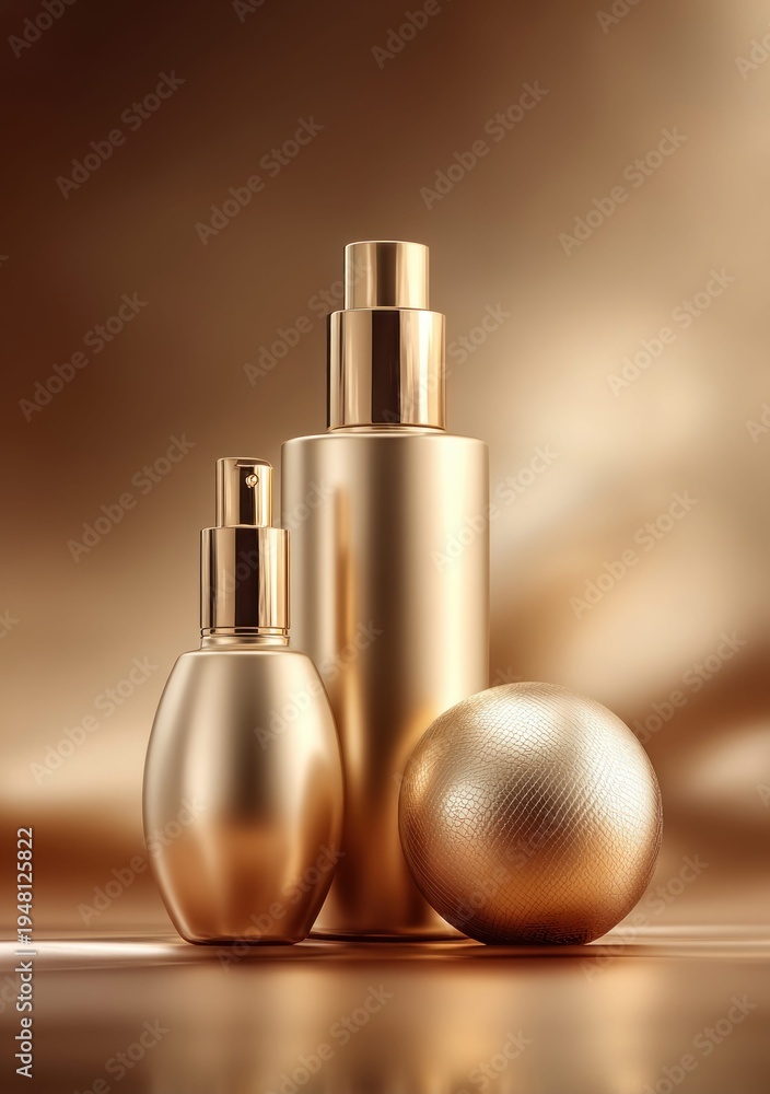 Naklejka premium Elegant gold cosmetic bottles and sphere with luxurious metallic sheen and soft lighting