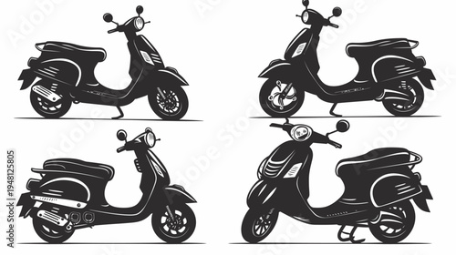 Four black retro scooters in silhouette against a white background. Each scooter has a unique perspective
