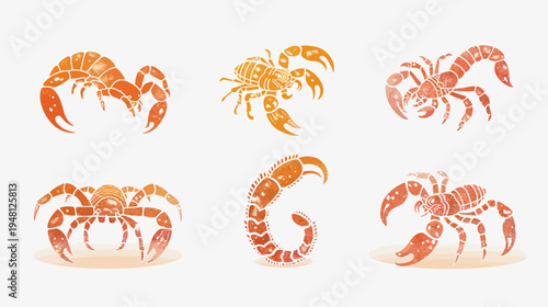 Six stylized illustrations of scorpions in orange hues with a textured watercolor effect