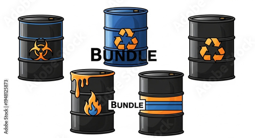 Collection of Hazardous Waste Barrels with Warning Symbols.