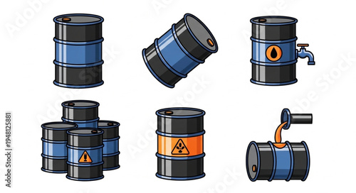Collection of Oil Barrels with Different Designs and Warning Signs.