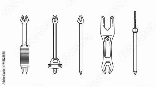 Black and white line art of various mechanical tools, on white background