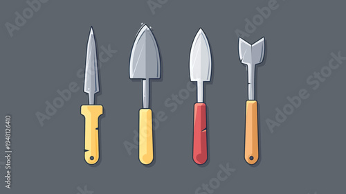 Stylized illustration of four gardening tools with different blade shapes and vibrant colored handles