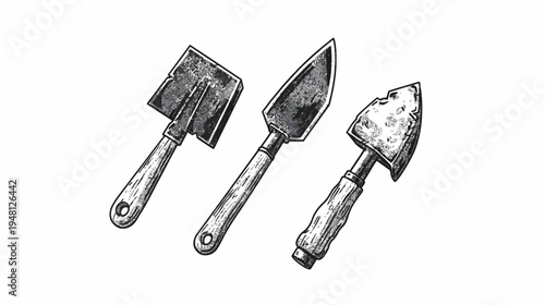Illustration of three gardening hand tools, spades and trowel, in a line on a white background