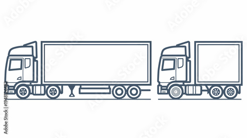 Two stylized side views of semi-trailer trucks, one with a full trailer and another with a disconnected cargo box
