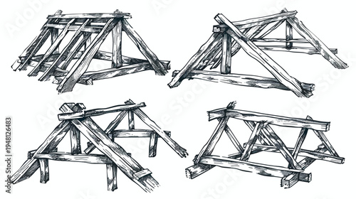 Four sketched views of wooden roof trusses. Each illustration depicts different angled views and constructions