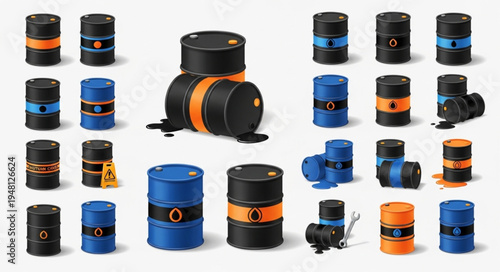 Oil Barrels - A Collection of Black and Blue Containers with Orange Stripes.
