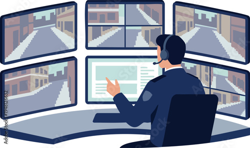 Security guard monitoring multiple CCTV surveillance screens in a room