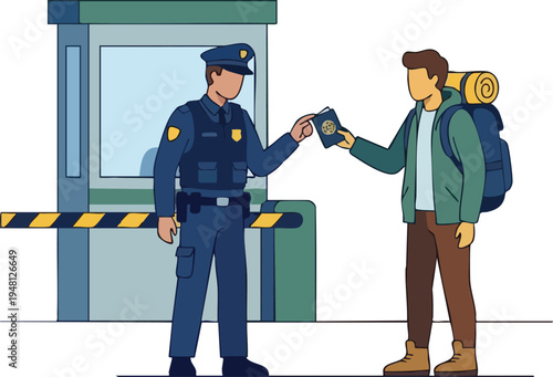 Traveler showing passport to border control officer at checkpoint