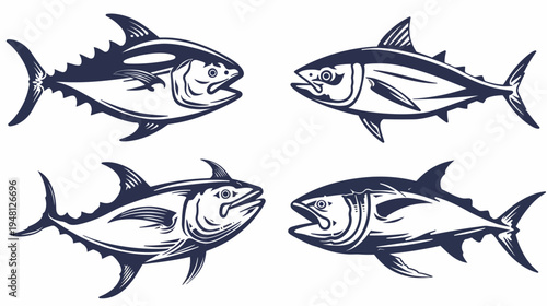 Four stylized illustrations of tuna fish in a dark blue color against a clean white background