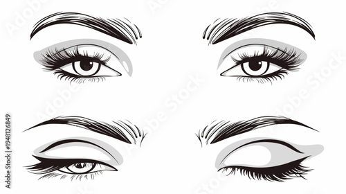 Artistic depiction of eyes, open and closed, with intricate detail in lashes and brows