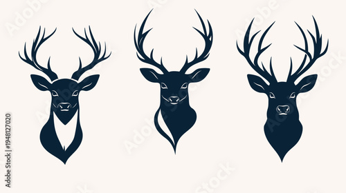 Three silhouette stag heads with varying antler designs, on a light-cream backdrop