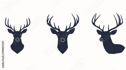 Three minimalist silhouettes of deer heads, showcasing diverse perspectives and elegant antlers on white background