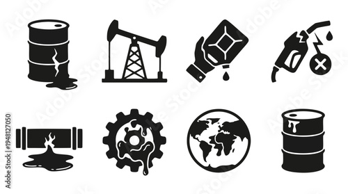 Environmental Oil Pollution and Energy Crisis Icons: Leaking Barrels, Oil Rig, Spilled Fuel, Polluted Earth, and Damaged Pipeline