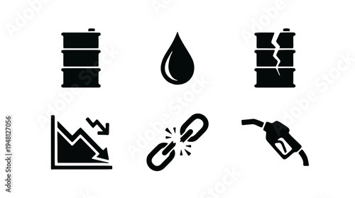 Global Oil and Energy Market Crisis Icons: Barrels, Oil Drop, Price Decline, Broken Chain, and Fuel Pump Representing Economic Instability
