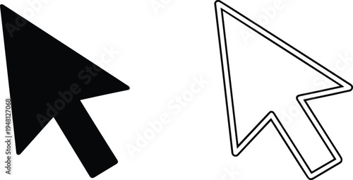 Minimalist computer mouse cursor icons, black solid pointer, outlined white arrow, digital interface symbol, user interface navigation design, technology graphic illustration