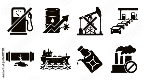 Oil and Gas Industry Crisis Icons Set: Fuel Shortage, Price Increase, Drilling Ban, Pipeline Leak, Tanker Spill, and Environmental Pollution