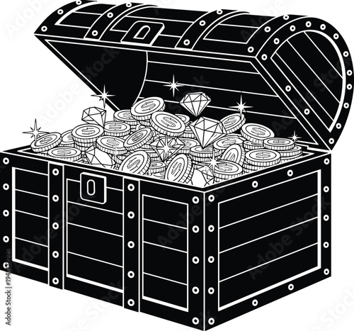Open treasure chest full of gold coins and diamonds, pirate loot vector illustration, riches, wealth, hidden gems, black and white icon.