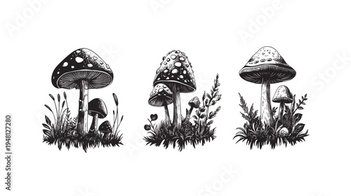 Three monochrome illustrations of mushrooms with foliage, stylized in a vintage etching style