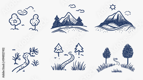 Hand-drawn illustrations in a navy blue hue depicting scenic landscapes, mountains, and trees