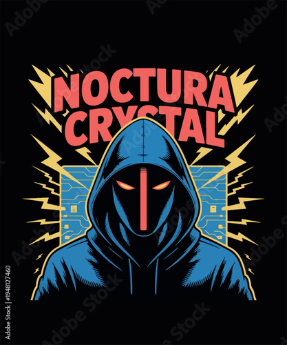 Mysterious figure in blue hoodie with glowing red eyes digital circuits