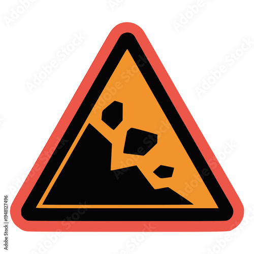 Rockfall Warning: A vibrant, triangular warning sign featuring a graphic of falling rocks against an orange backdrop, signaling potential hazards ahead.