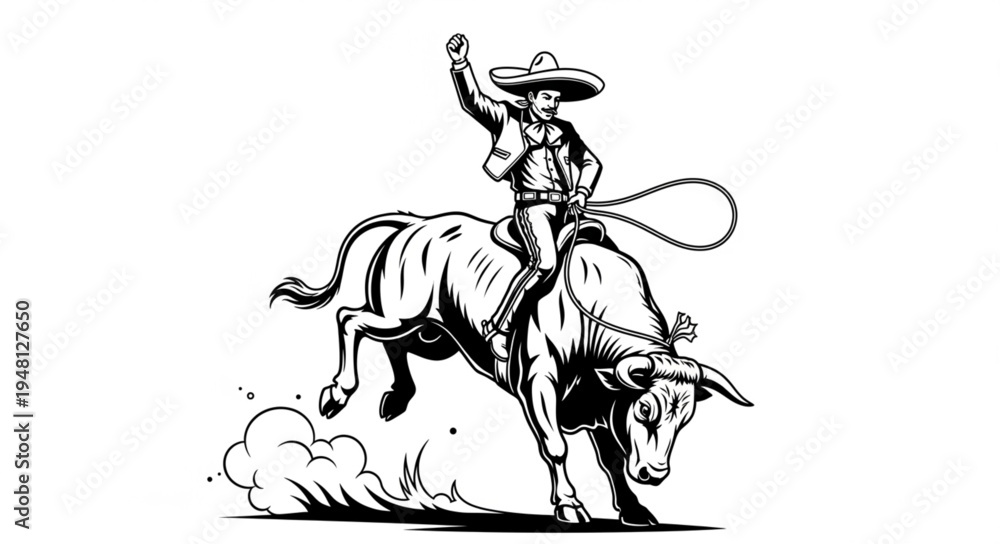 custom made wallpaper toronto digitalDynamic Illustration of a Charro Riding a Bull with Lasso.