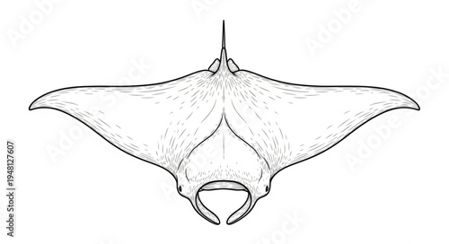 Detailed line drawing of a manta ray from a top-down perspective.