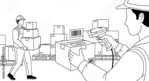 Warehouse worker scanning barcode on box with handheld scanner.