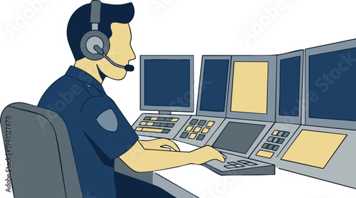 Security Operator Monitoring Control Room with Multiple Screens