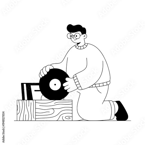 cartoon style person with vinyl record scene for music hobby decor or illustrated kneeling character handling vinyl disc artwork for retro design