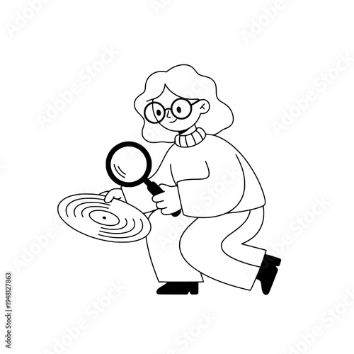 Cartoon vinyl curator examining an analog record with magnifying glass or Playful graphic archivist inspecting a vinyl disc for details