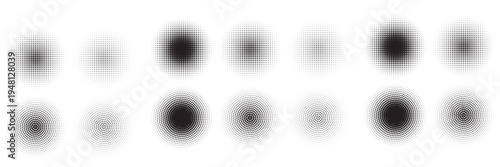 PrintHalftone gradient circles collection. Dots textured round patterns. Cartoon comic radial faded background set. Abstract pixelated elements for frame, poster, collage, banner, flyer. Vector bundle