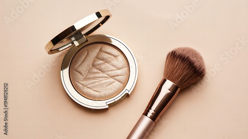 Compact powder makeup with brush on soft neutral background
