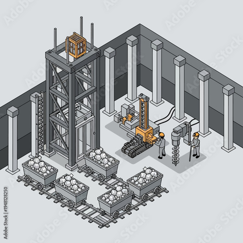 Isometric illustration of a mining operation with machinery, workers, and ore carts.