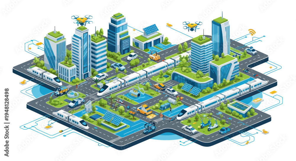 Fototapeta premium Smart City Isometric View: Futuristic Urban Landscape with Drones, EVs, and Green Technology