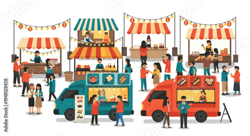 Diverse Food Trucks and Stalls at Outdoor Festival with People