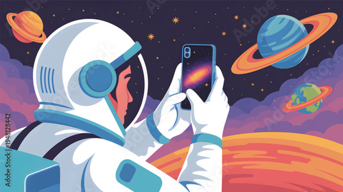 An astronaut holding a smartphone in outer space with planets and stars