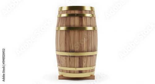 Wooden Barrel with Gold Bands on White Background