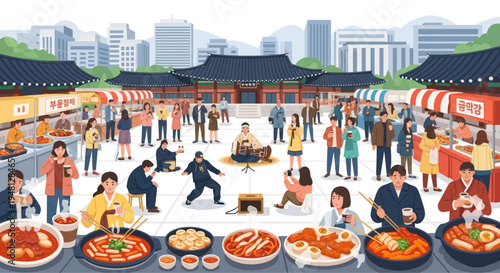 Korean Street Food Festival: People Enjoying Tteokbokki & Traditional Music