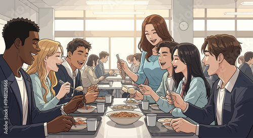 Diverse colleagues enjoying lunch together in a bright, modern cafeteria setting.