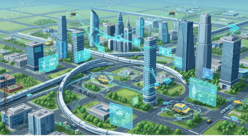 Futuristic smart city with autonomous vehicles, drones, and high-speed trains