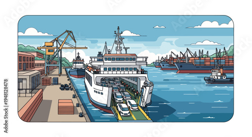 Ferry Boat Loading Cars at Busy Harbor, Maritime Transport and Logistics