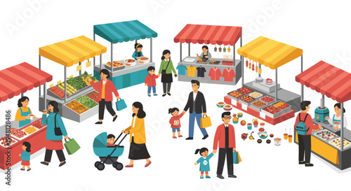 Vibrant Outdoor Market Scene with Diverse Shoppers and Stalls - Flat Design