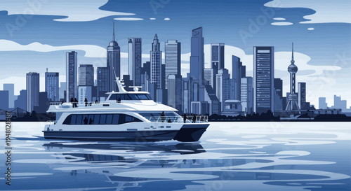 Pixel Art Ferry Boat Sailing Past Modern City Skyline on Water