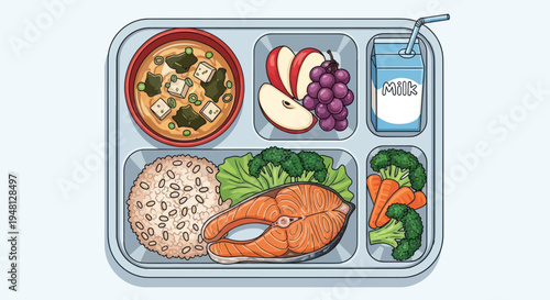Healthy School Lunch Tray with Salmon, Rice, Soup, Fruit, and Milk - Top View Illustration