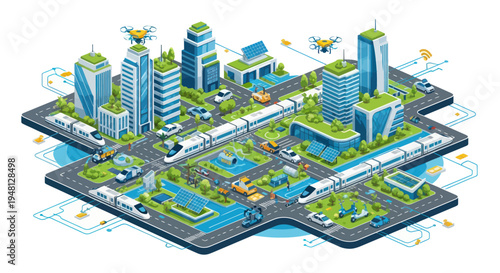 Smart City Isometric View: Futuristic Urban Landscape with Drones, EVs, and Green Technology