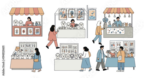 Diverse people shopping at artisan craft fair stalls, showcasing handmade jewelry and art.